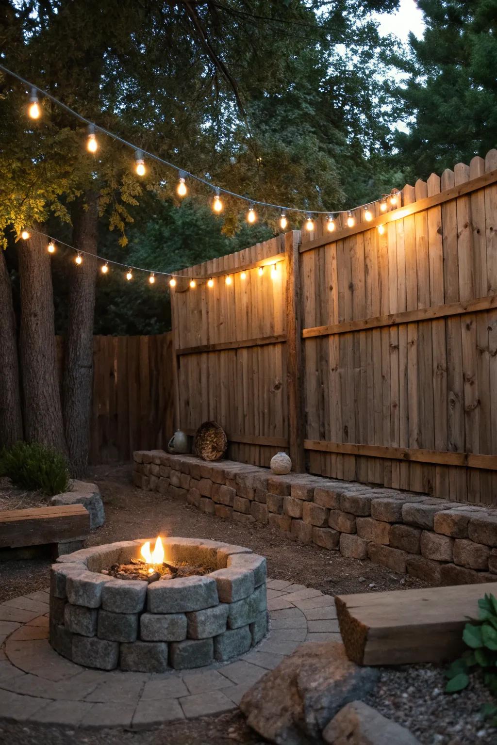 A rustic fence provides a charming backdrop for string lights.