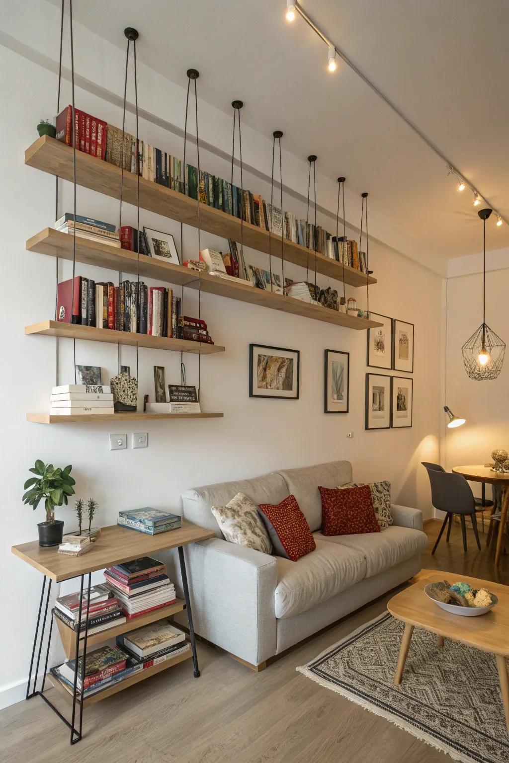 Floating shelves offer a stylish storage solution without taking up floor space.