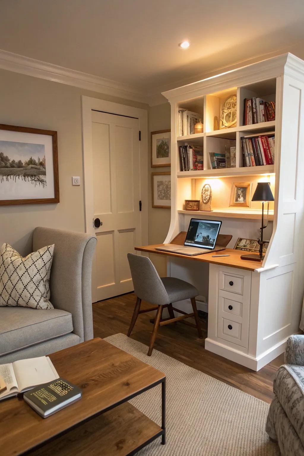 Concealed study spaces maximize functionality in small rooms.