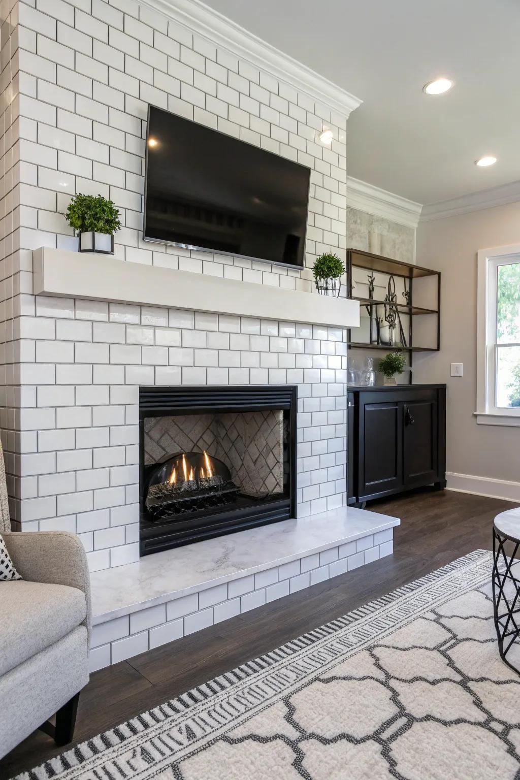 Single-color tiles offer ageless sophistication to any fireplace.