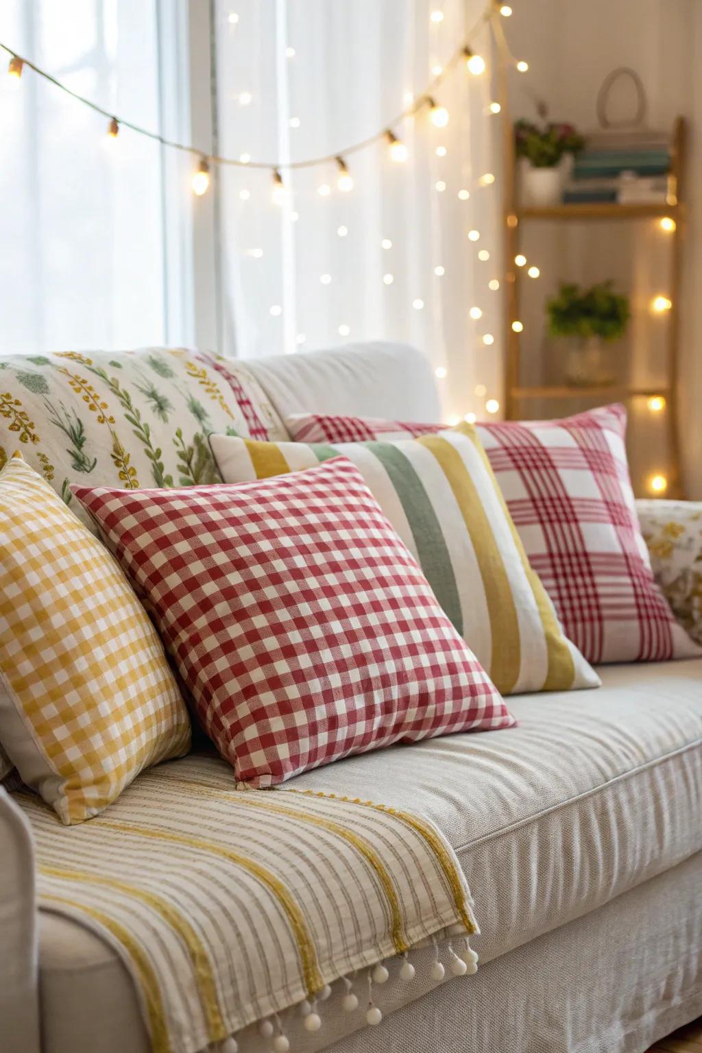 Lively patterns with gingham and stripes add whimsy to this space.
