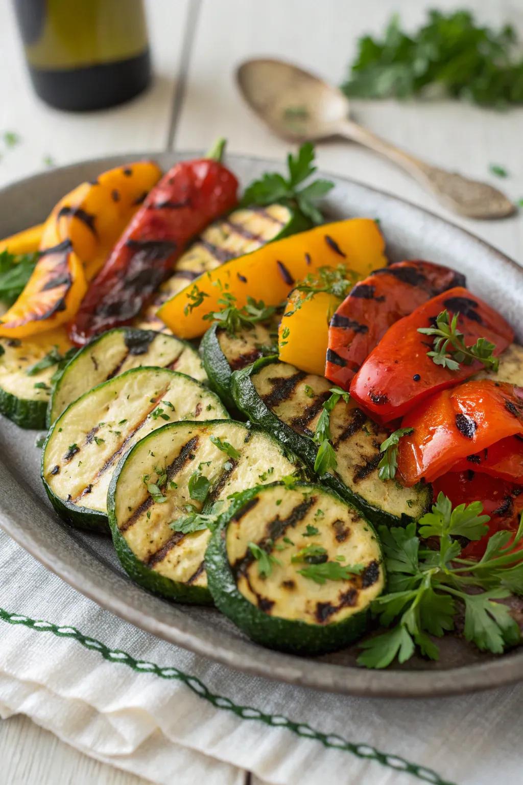 A vibrant serving of seasoned grilled vegetables.