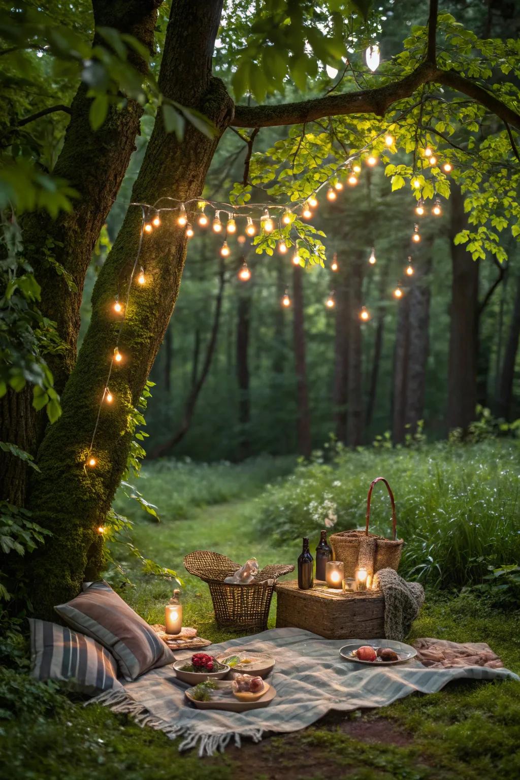 An enchanted forest picnic with a serene and magical atmosphere.