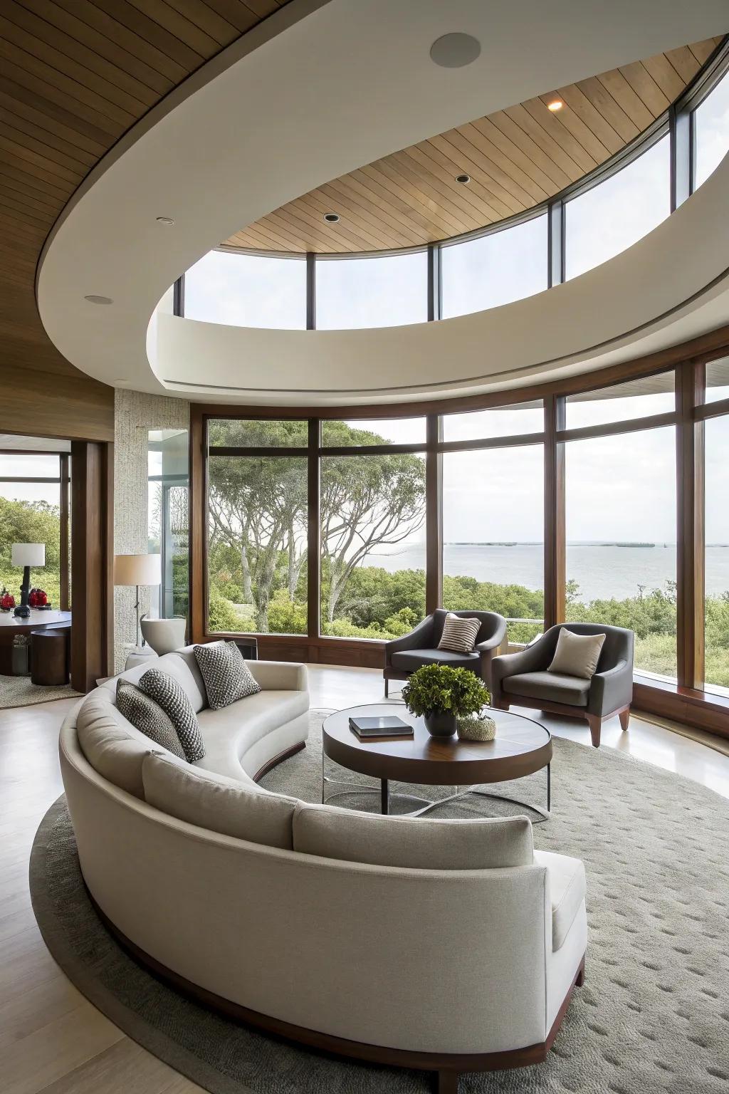 A circular sunken living room design.
