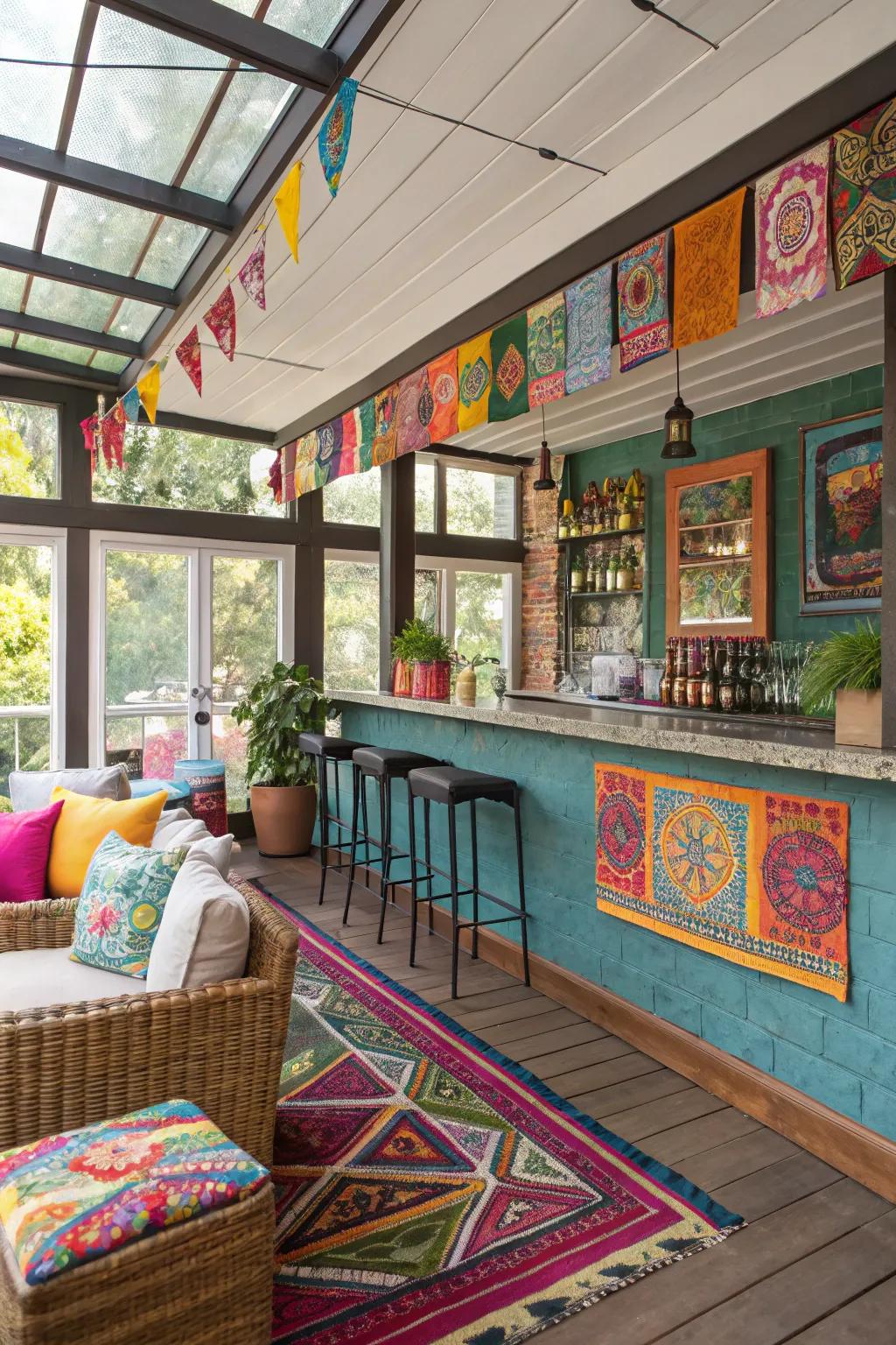 Colorful accents add personality and vibrancy to your sunroom bar.