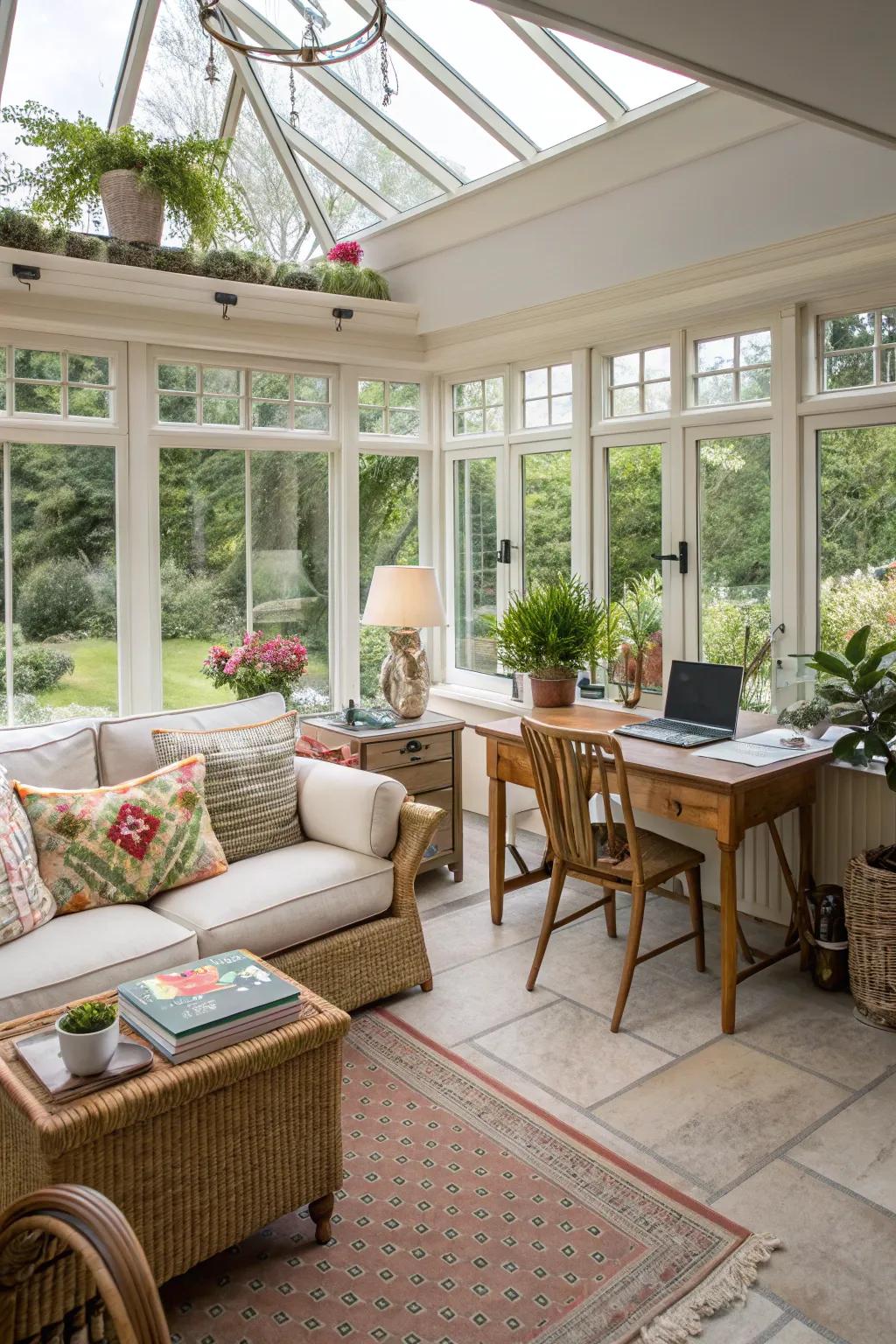 This sunroom is designed for a variety of activities, making it very versatile.