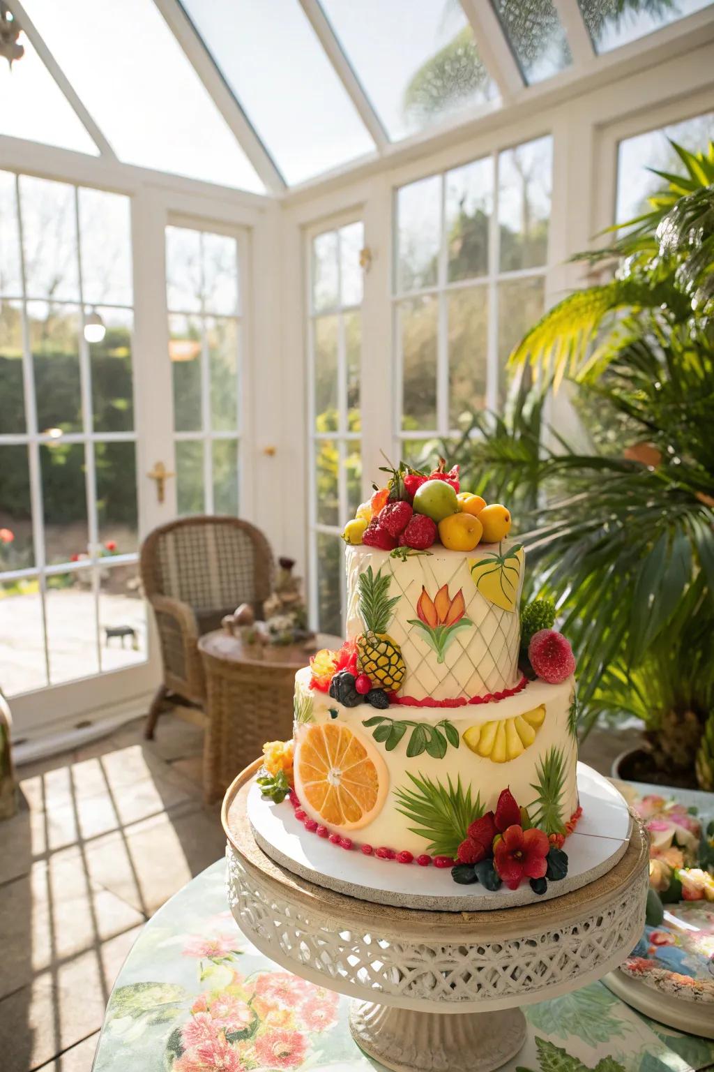 An isle festivities cake that transports a fragment of paradise to the party.