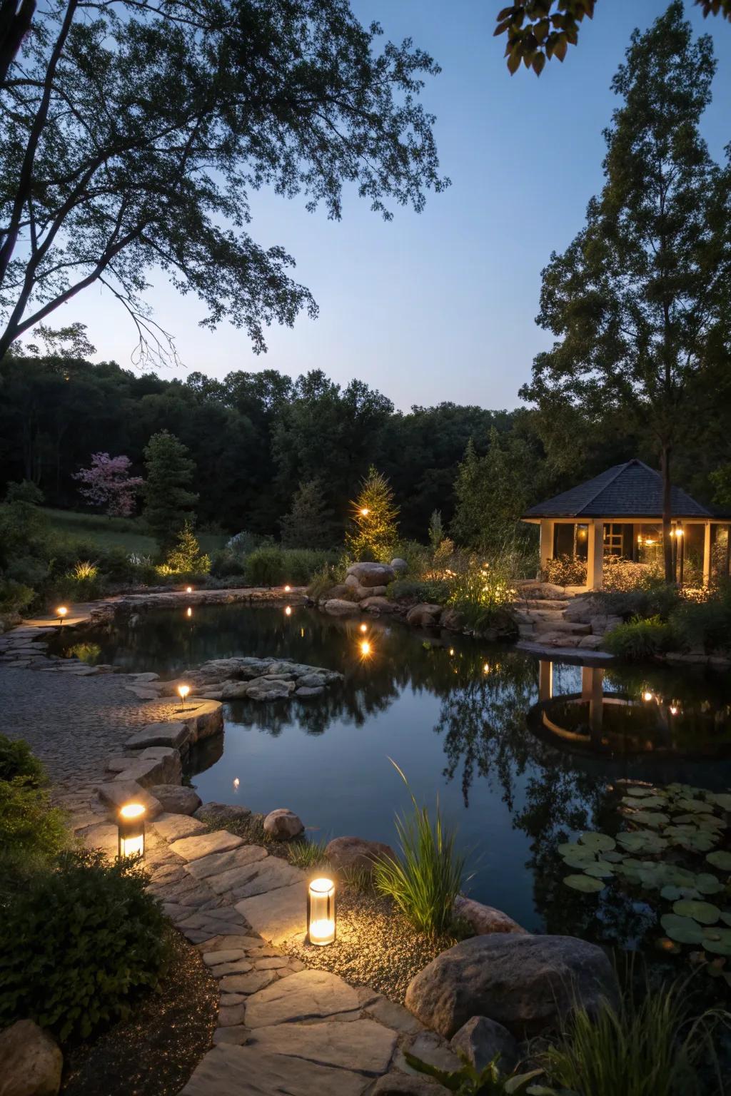 Gentle lighting creates a magical feel around the swimming pond at night.