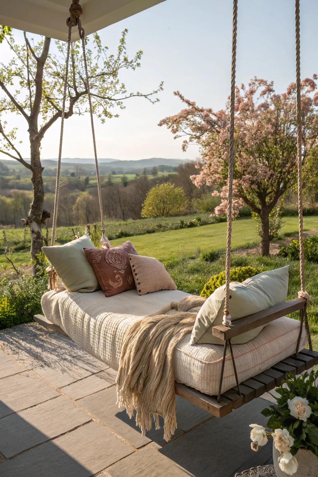 A swing bed provides an oasis of comfort and relaxation.