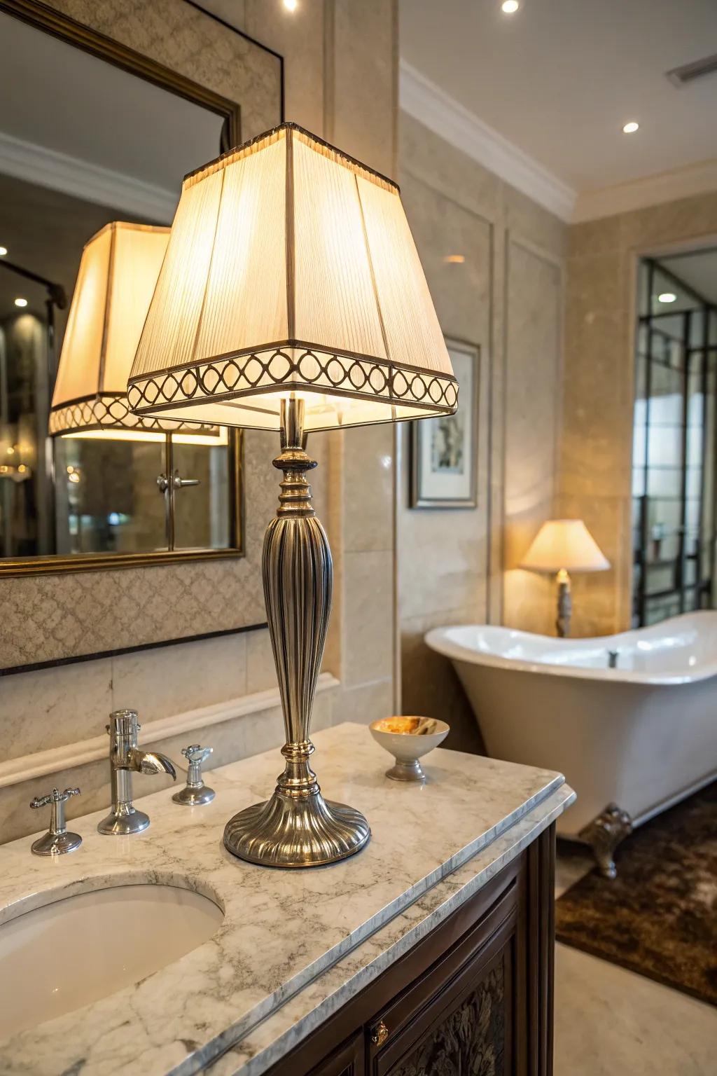 A glamorous table lamp adds unexpected elegance to a bathroom.