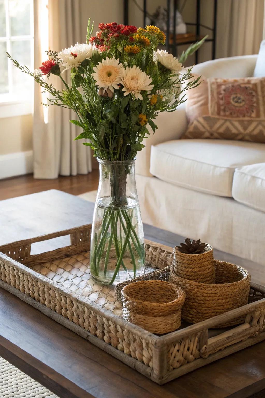 A tall glass vase on a decorative tray with baskets, adding a layered look to a coffee table.