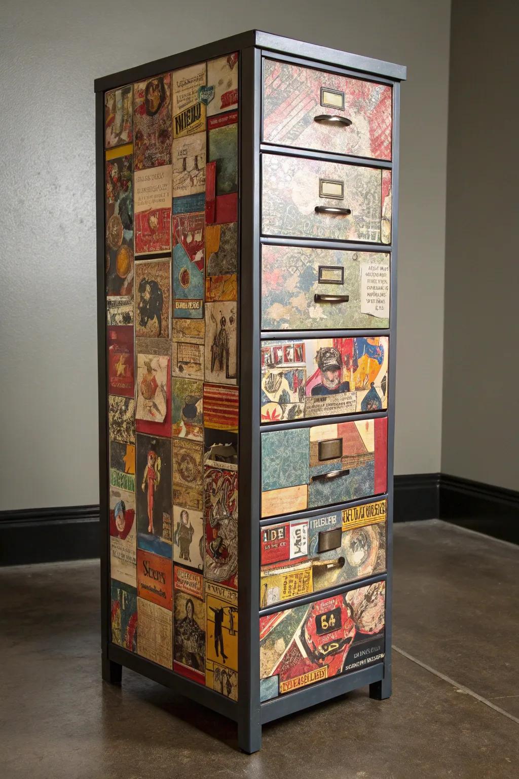Transform your filing cabinet into a design statement using collage artistry.