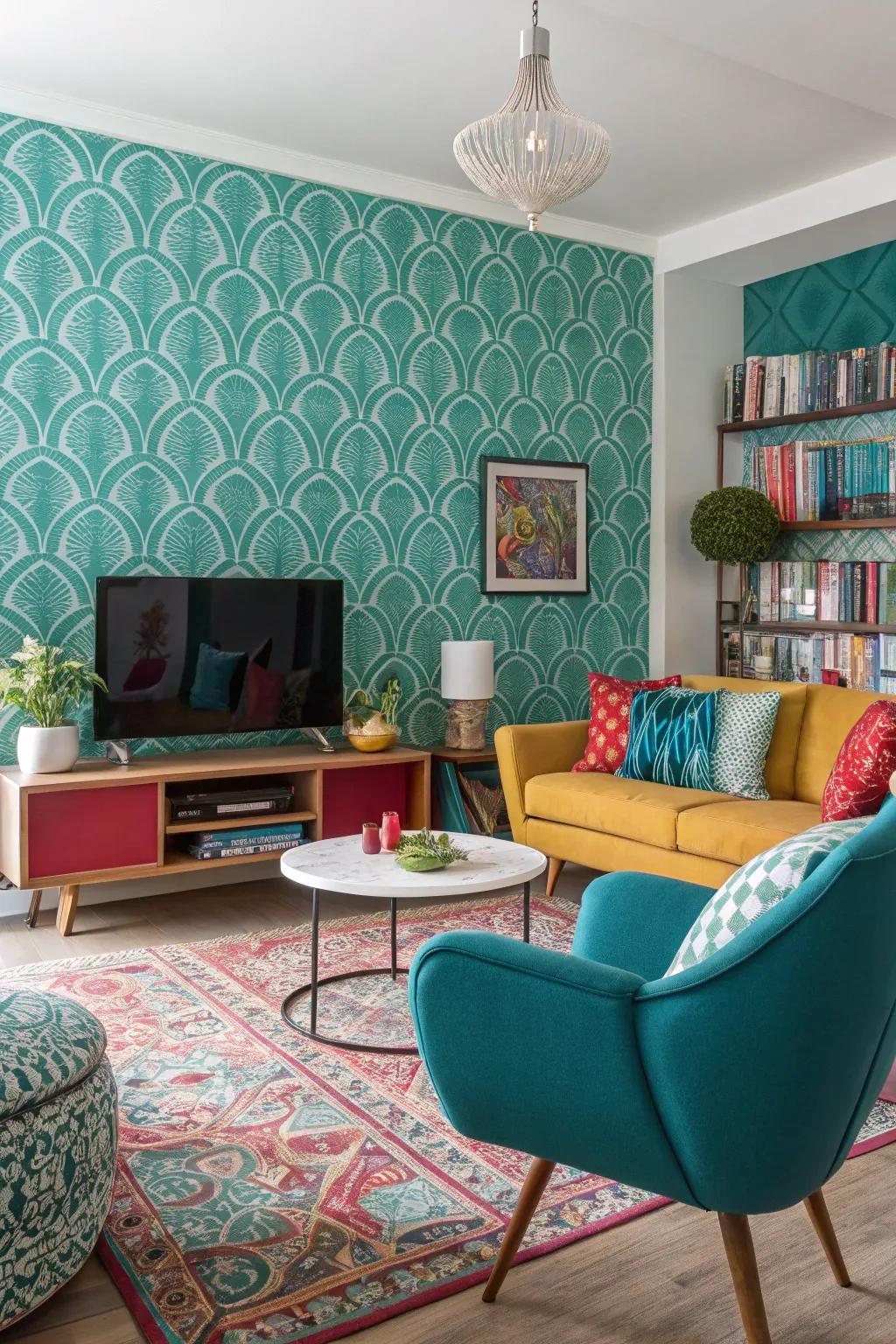 Patterned teal wallpaper adds character and depth to this lively room.