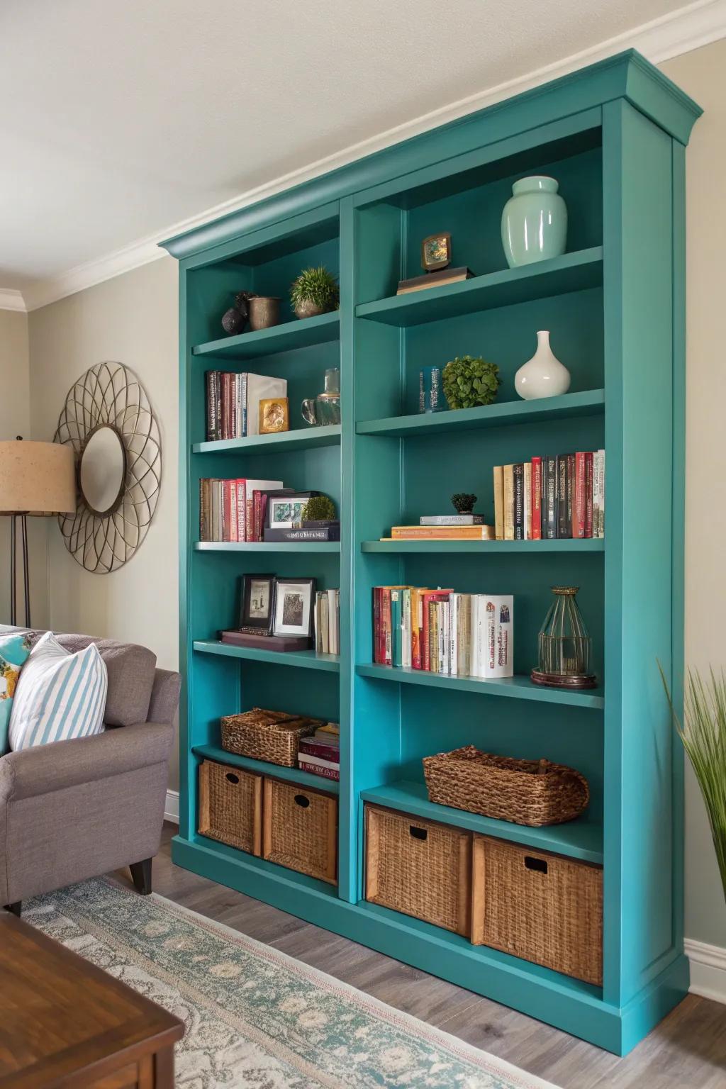 Teal shelves are useful and add a stylish color to your space.