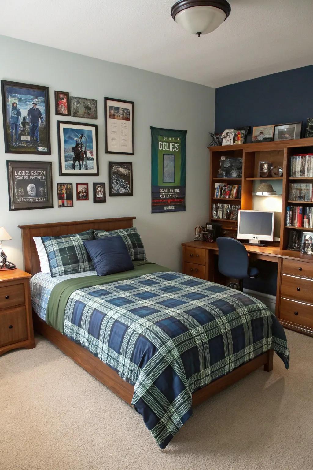 Coordinated plaid bedding delivers a cohesive visual within this teen boy's room.