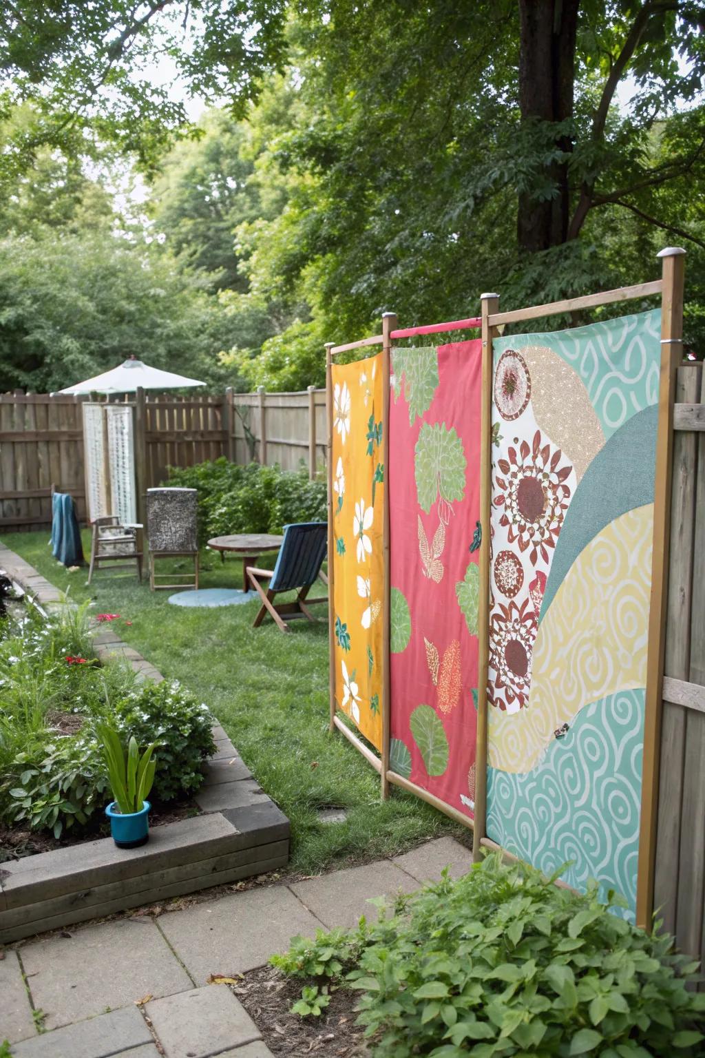 Cloth boards bring color and privacy to garden spaces.