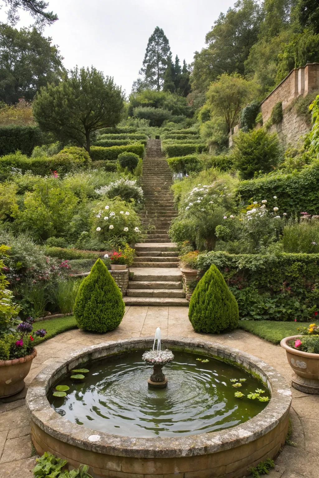 A serene water element in a tiered garden, establishing a calming atmosphere.