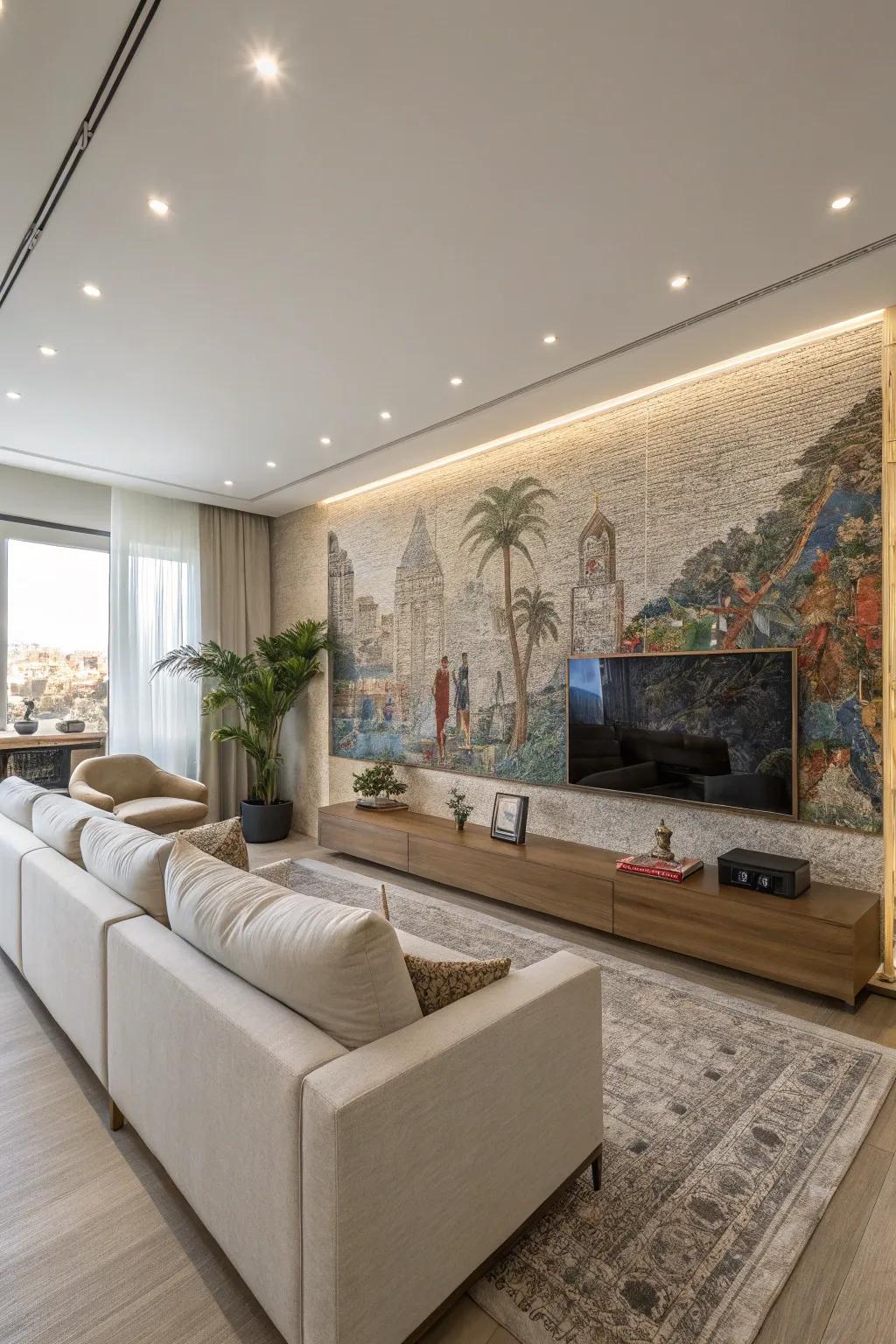 A textured wall mural makes a bold statement in this modern living room.