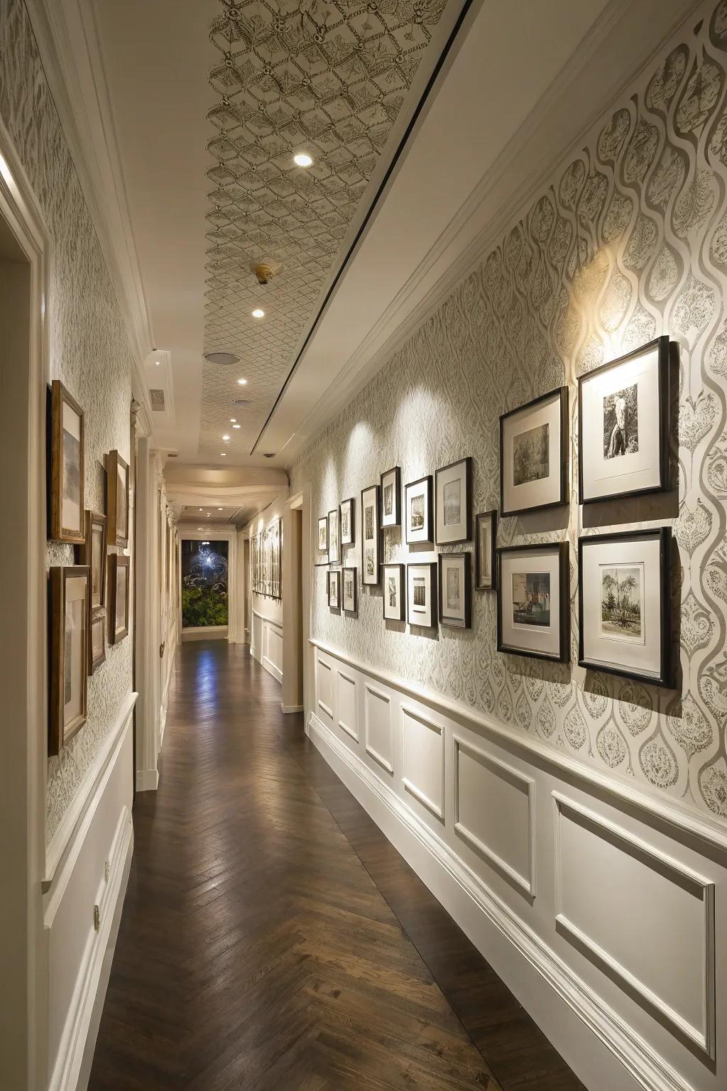 A hallway featuring picture frame wall paneling.