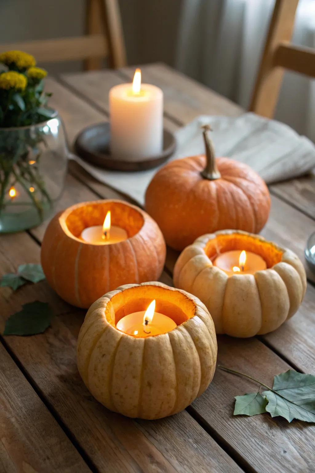 Warm pumpkin luminary vessels for an intimate ambiance.