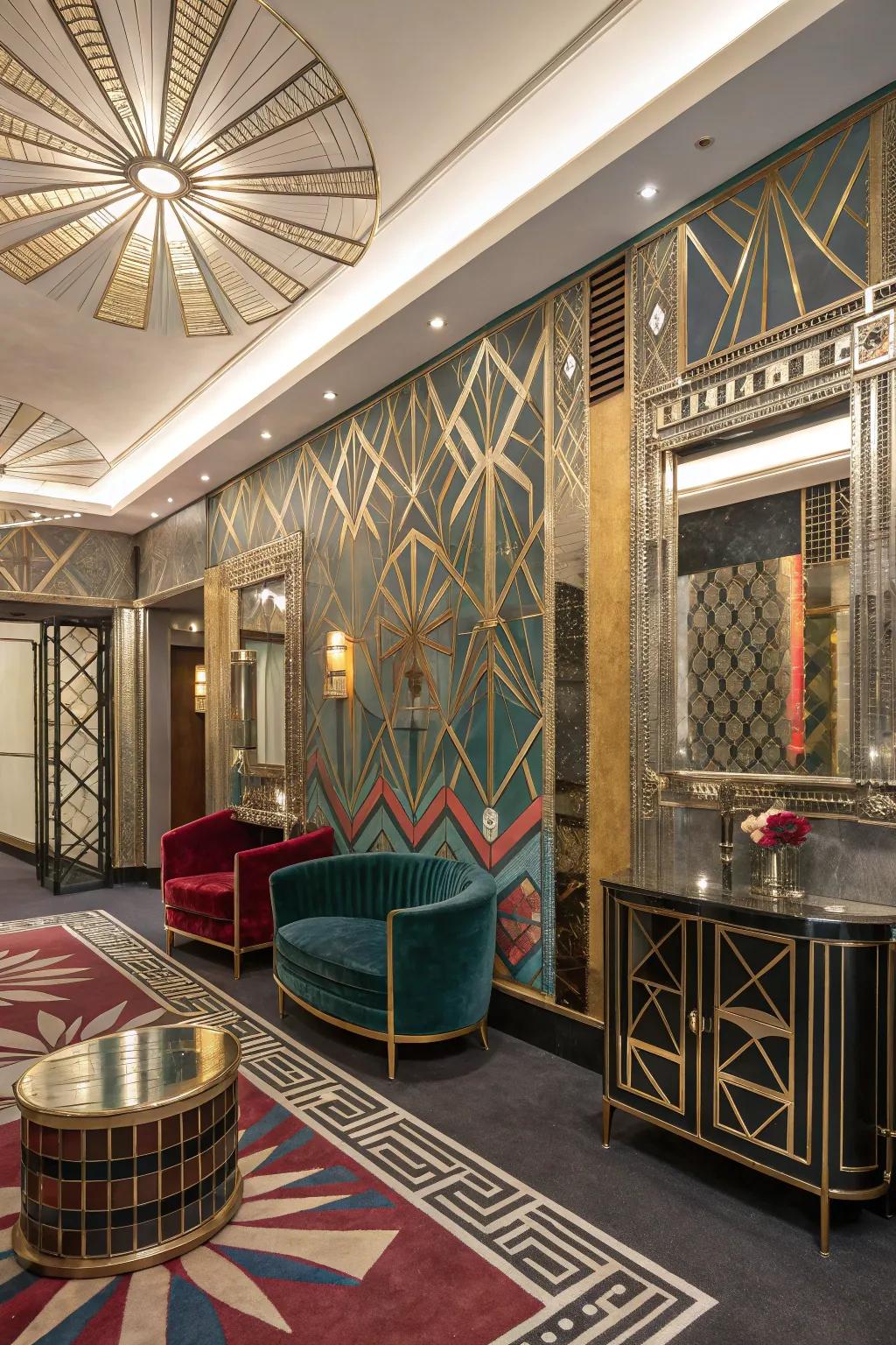 Art deco flair with bold patterns and luxurious highlights.