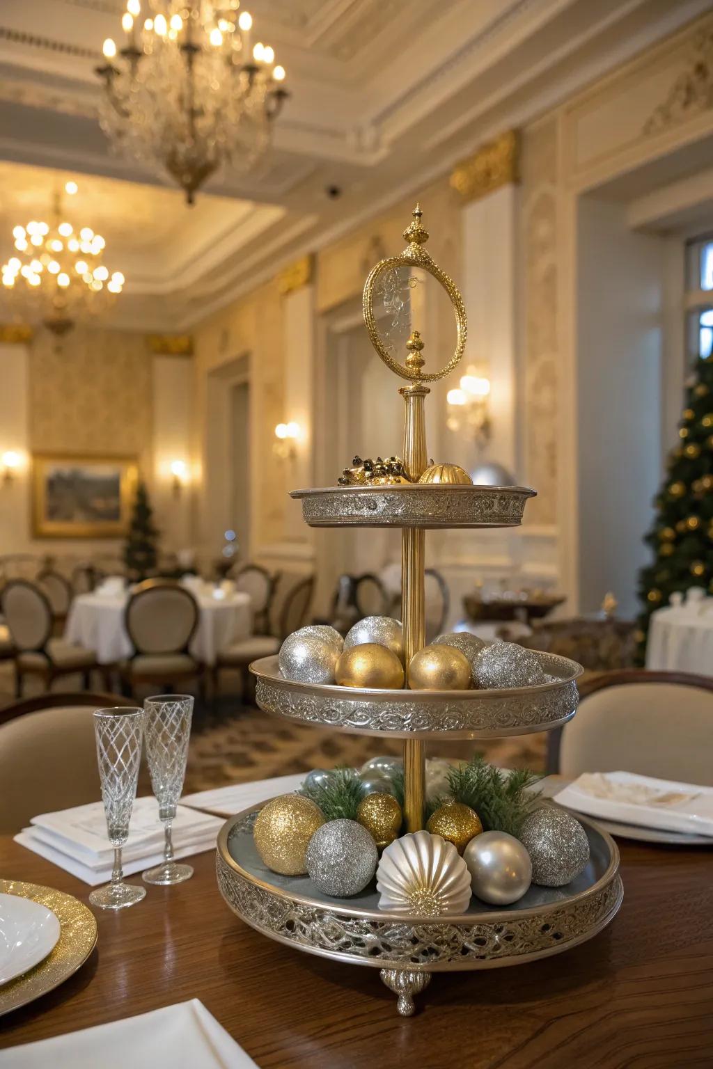 A glamorous tiered tray that shines with metallic elegance.