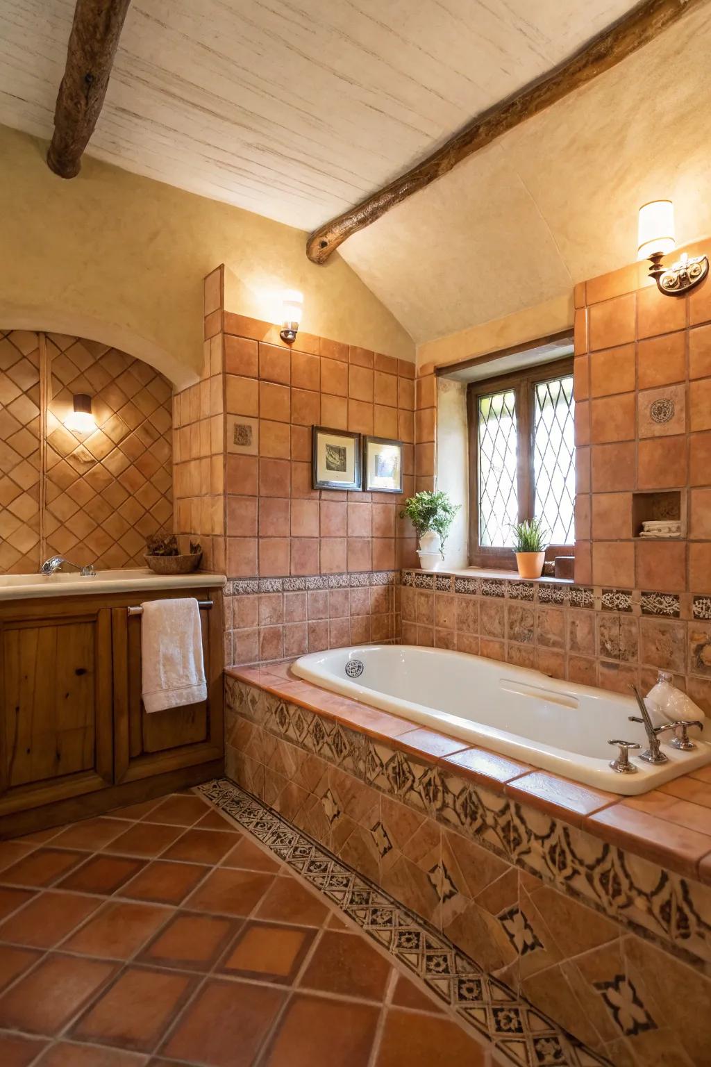 Terracotta coverings provide a warm and earthy touch to your bathroom.