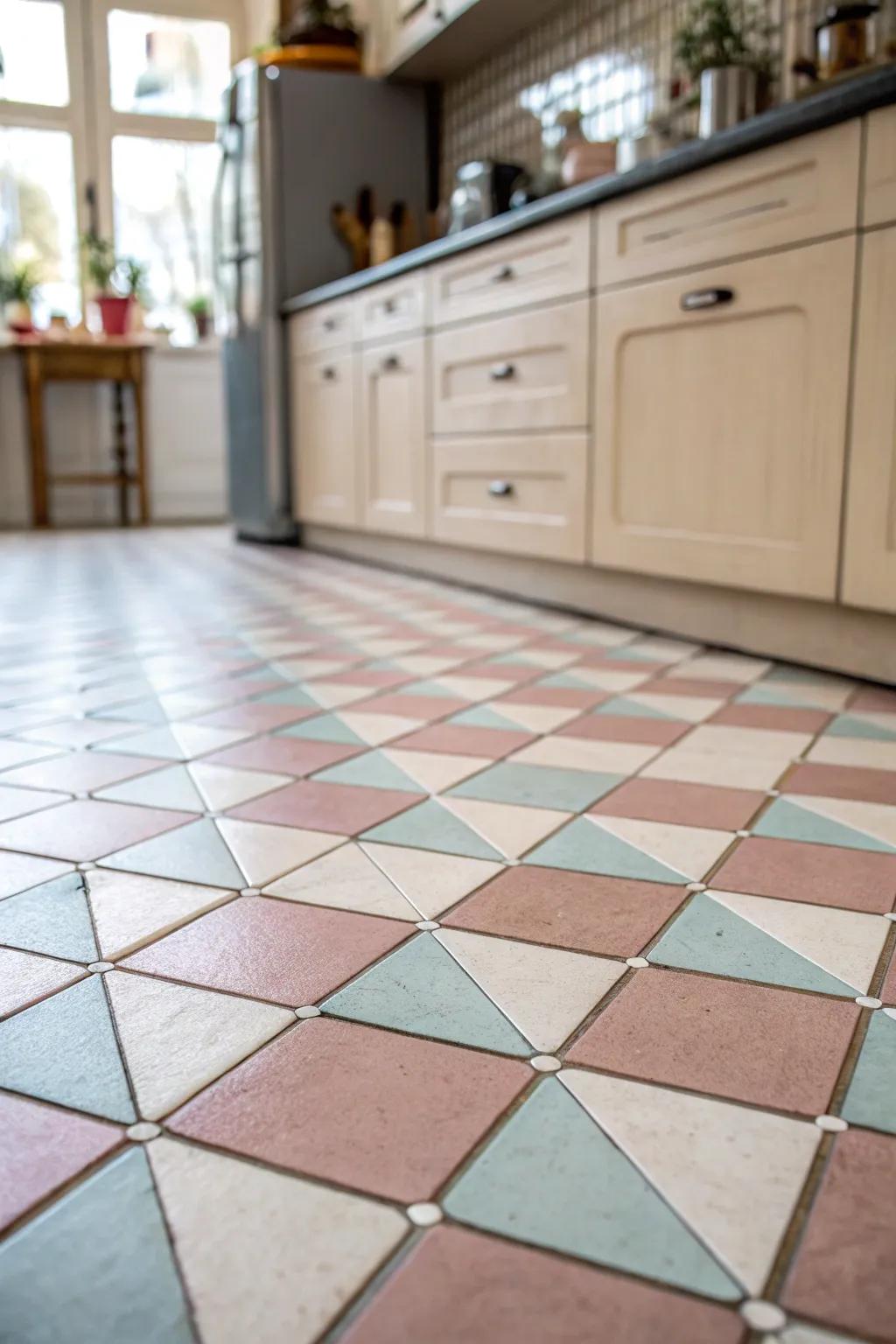 A pastel checkerboard pattern adds a playful twist to this kitchen.