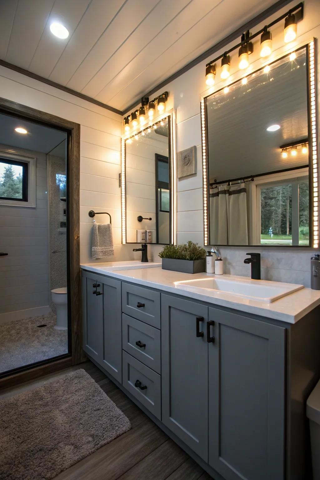 LED lighting adds depth and mood to this tiny bathroom.