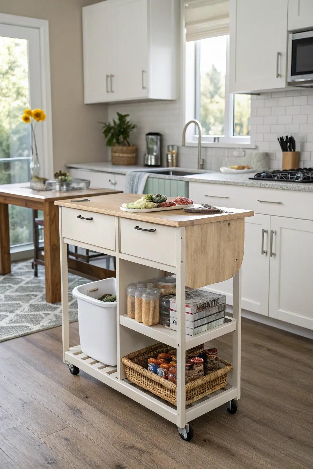 A portable island injects flexibility and functionality into a small kitchen.