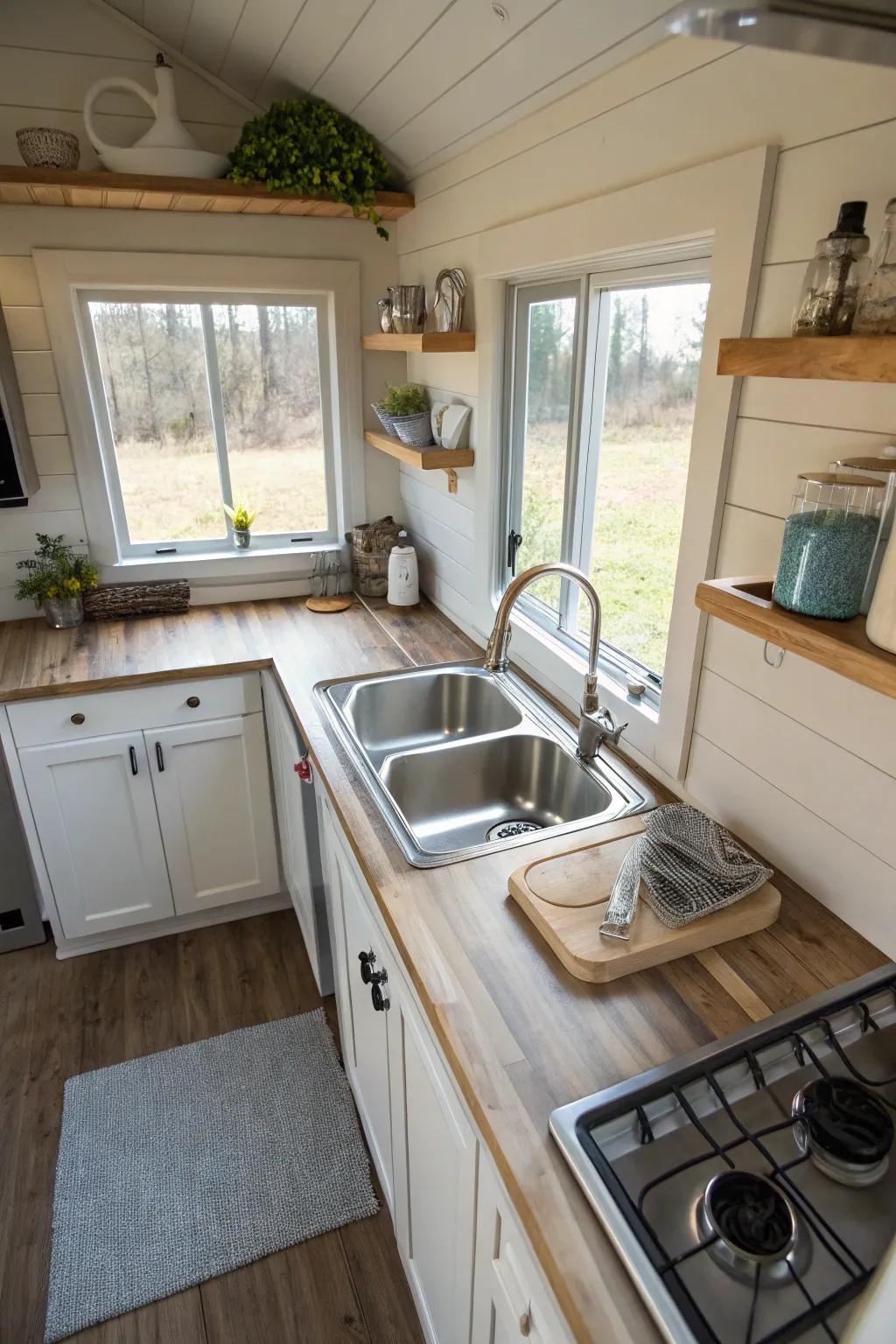 A double bowl sink enhancing multitasking capabilities in a tiny house kitchen.