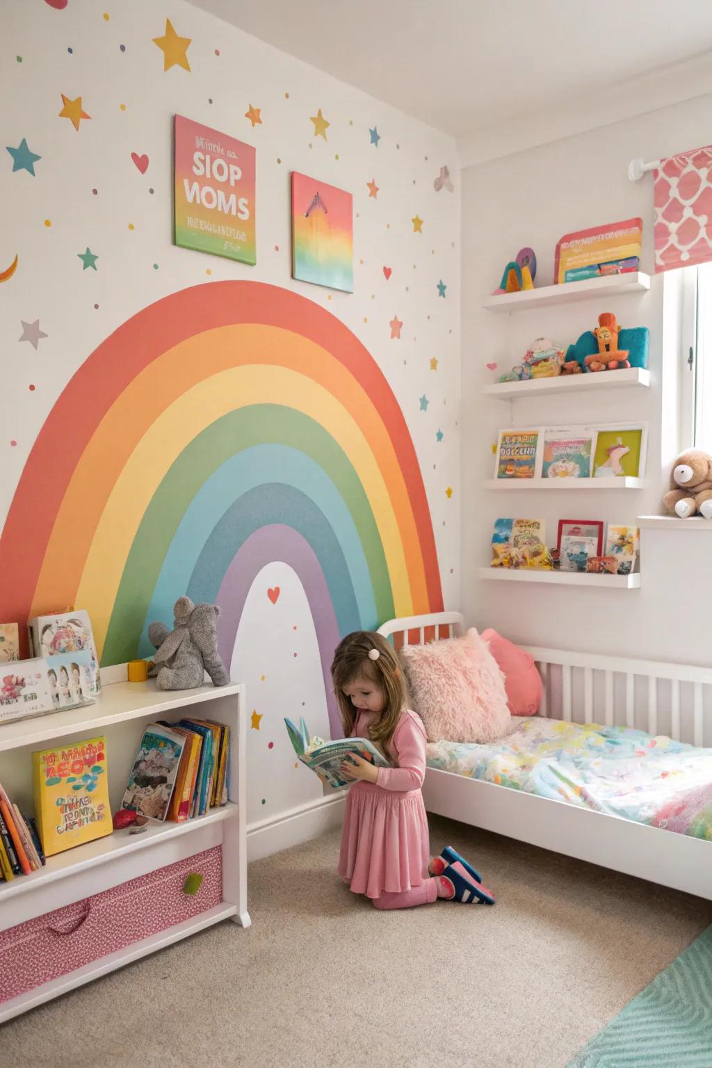A rainbow mural delivers a lively and cheerful accent to the sleeping quarter.