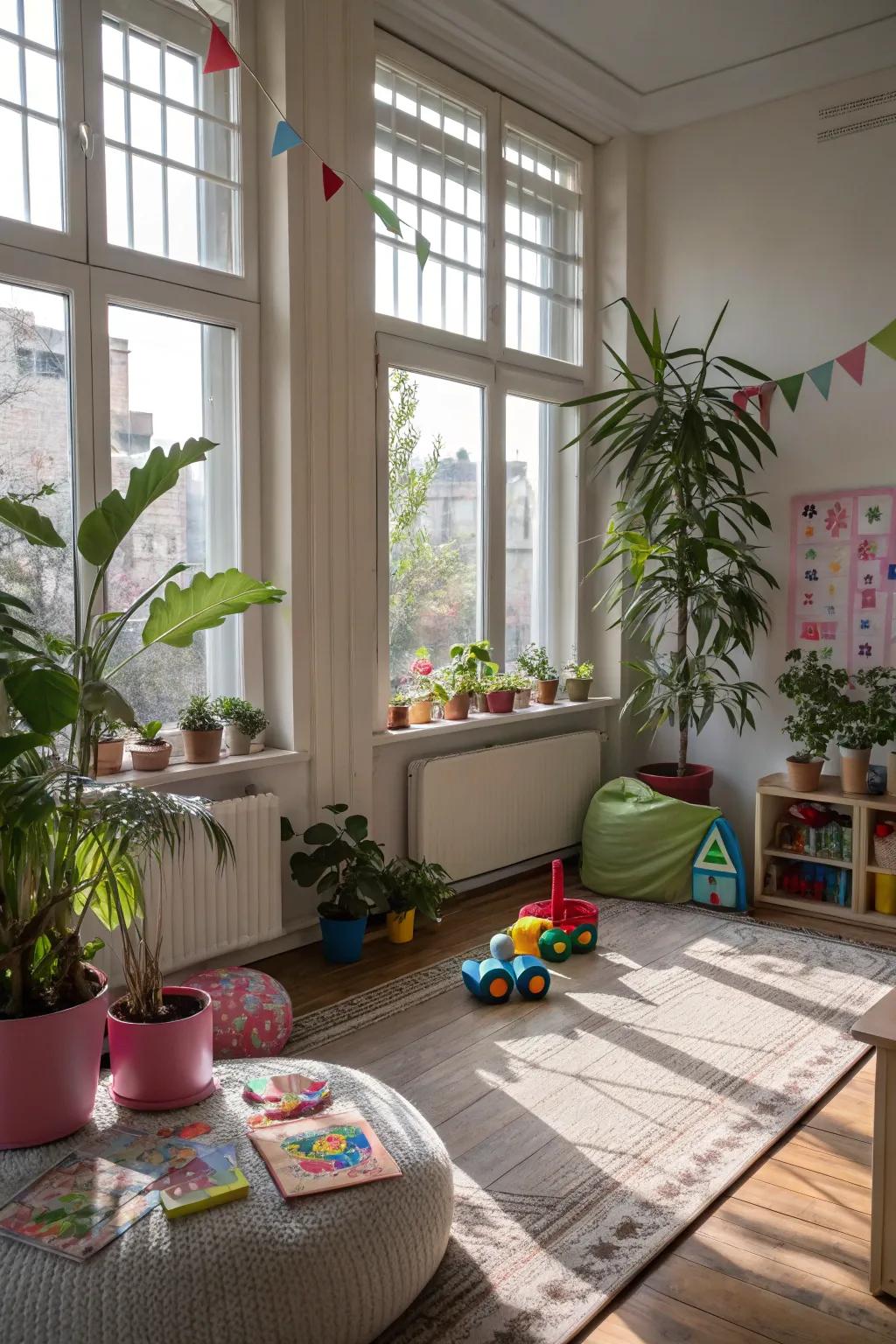 Natural illumination and plants fashion a serene and welcoming playroom.