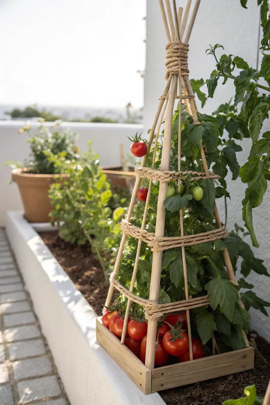 Enhance your garden with a hint of DIY elegance: Craft your own tomato enclosure for a stylish and sturdy solution.