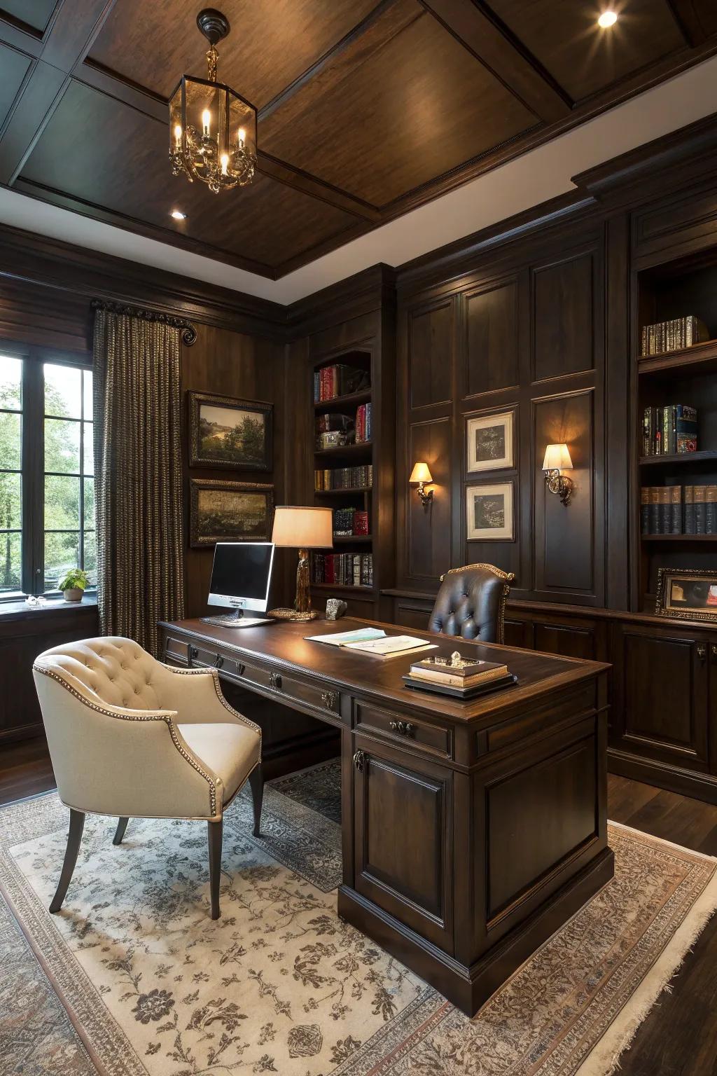 Dark stained interlocking plank walls set a refined tone in this home office.