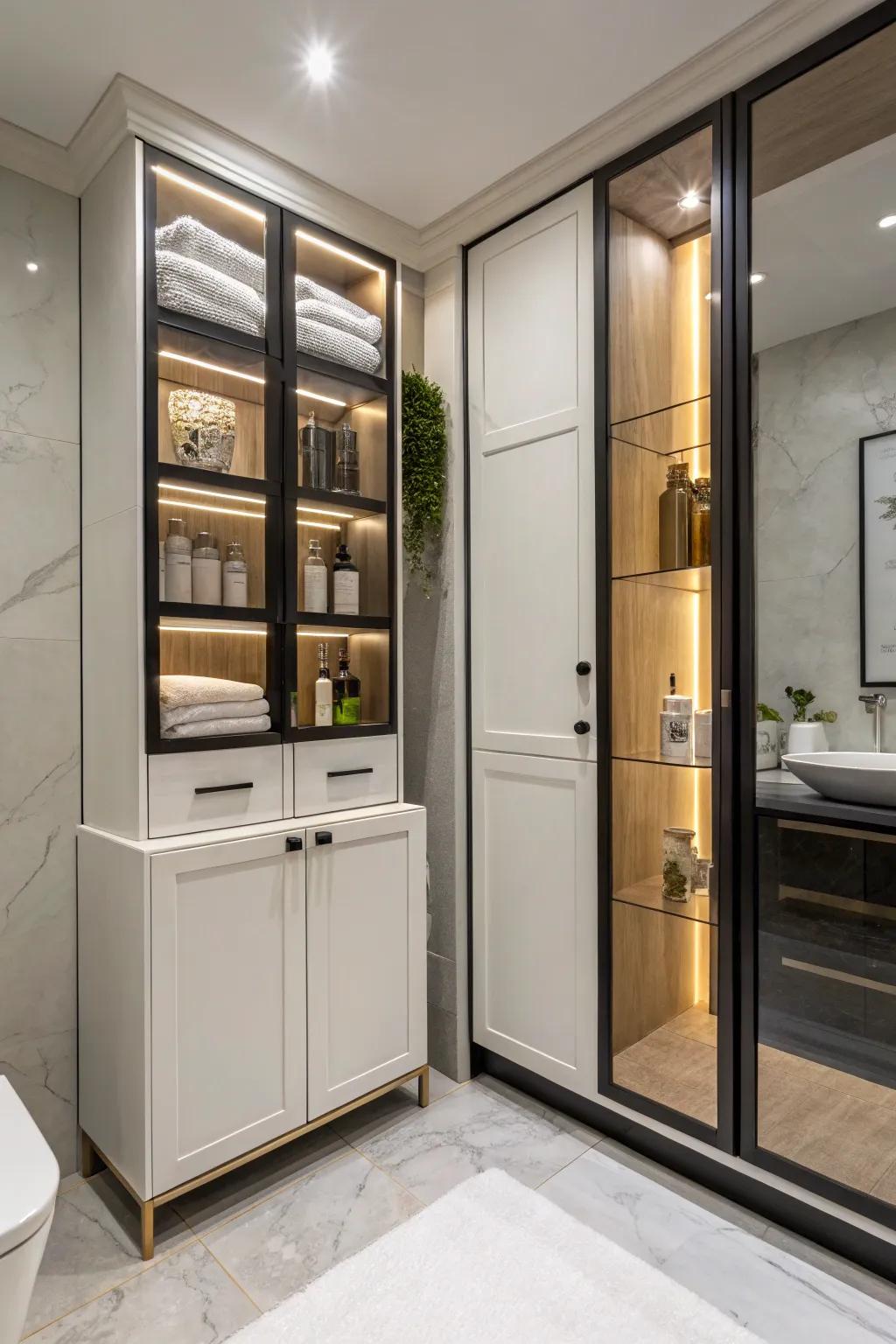 Cabinets offer both exposed and hidden storage.