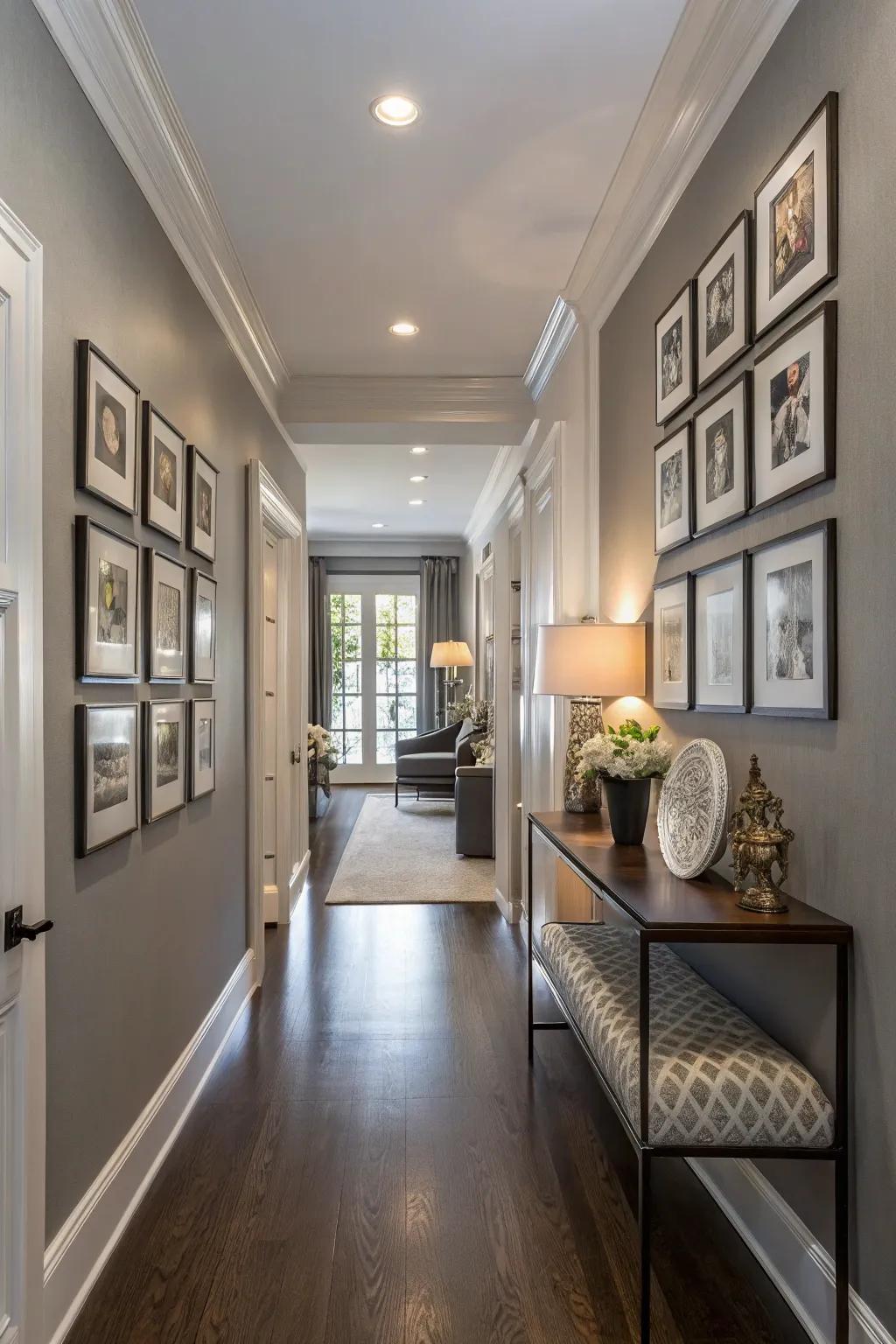 A townhouse passageway styled with delicate grey walls for an adaptable appeal.