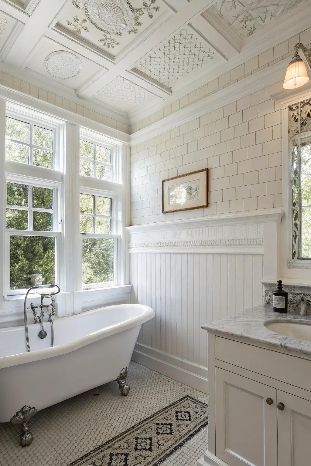 A white bathroom featuring elegant paneling that injects depth and structural interest.