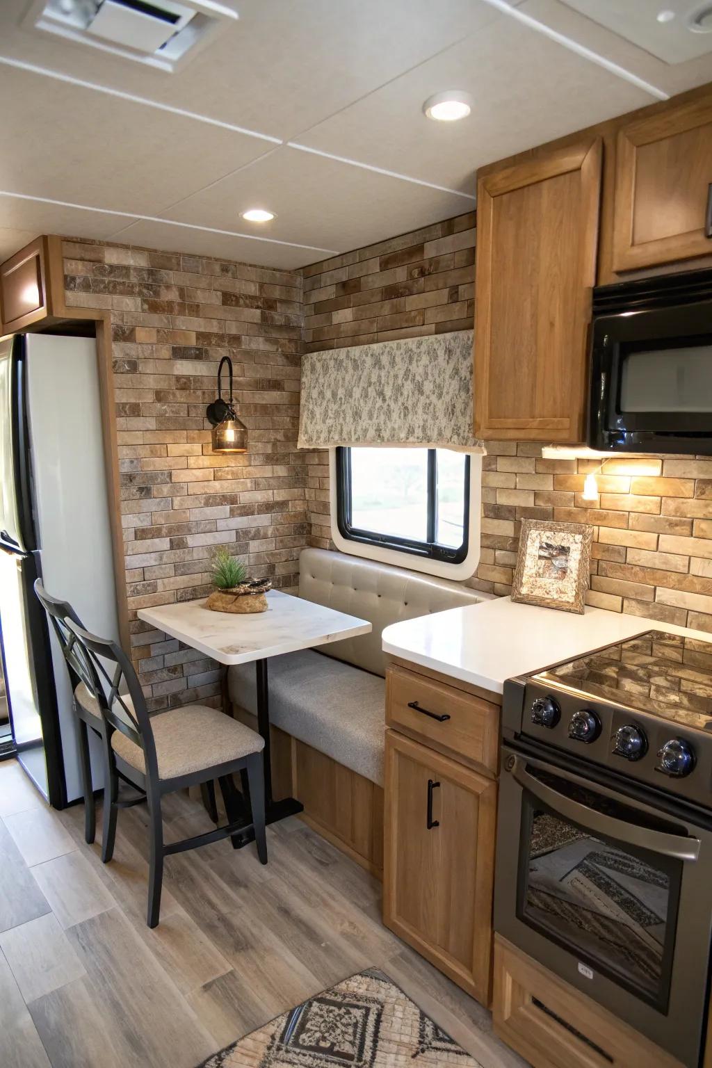 Faux brick tiles add an industrial charm to your RV kitchen.