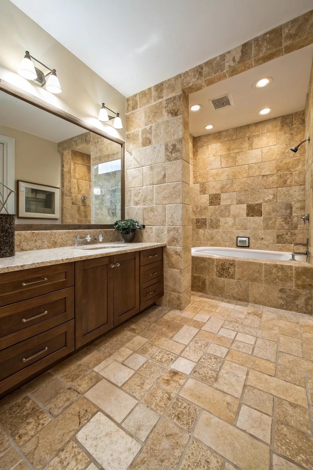 A bathroom displays a fusion of surface qualities through different cuts of travertine tiles.