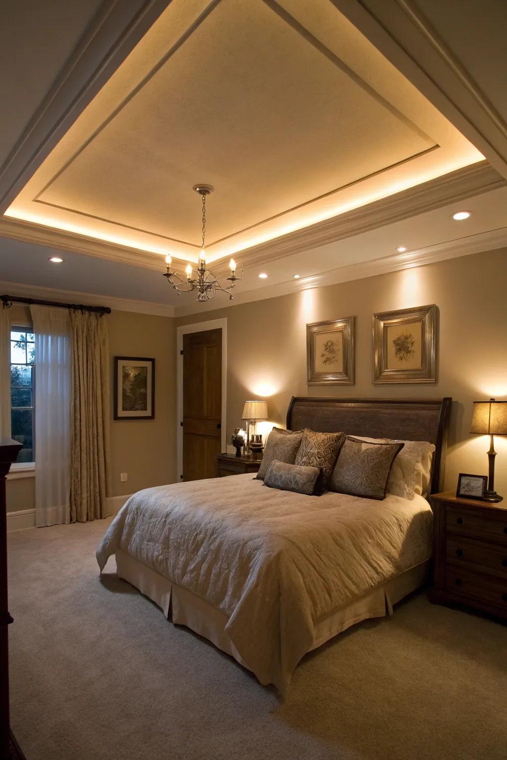 A peaceful bedroom featuring warm, adaptable lighting in the tray ceiling.