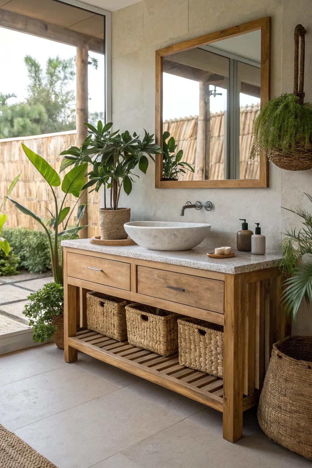 A bathroom vanity constructed from eco-friendly resources offers a sustainable and natural vibe.
