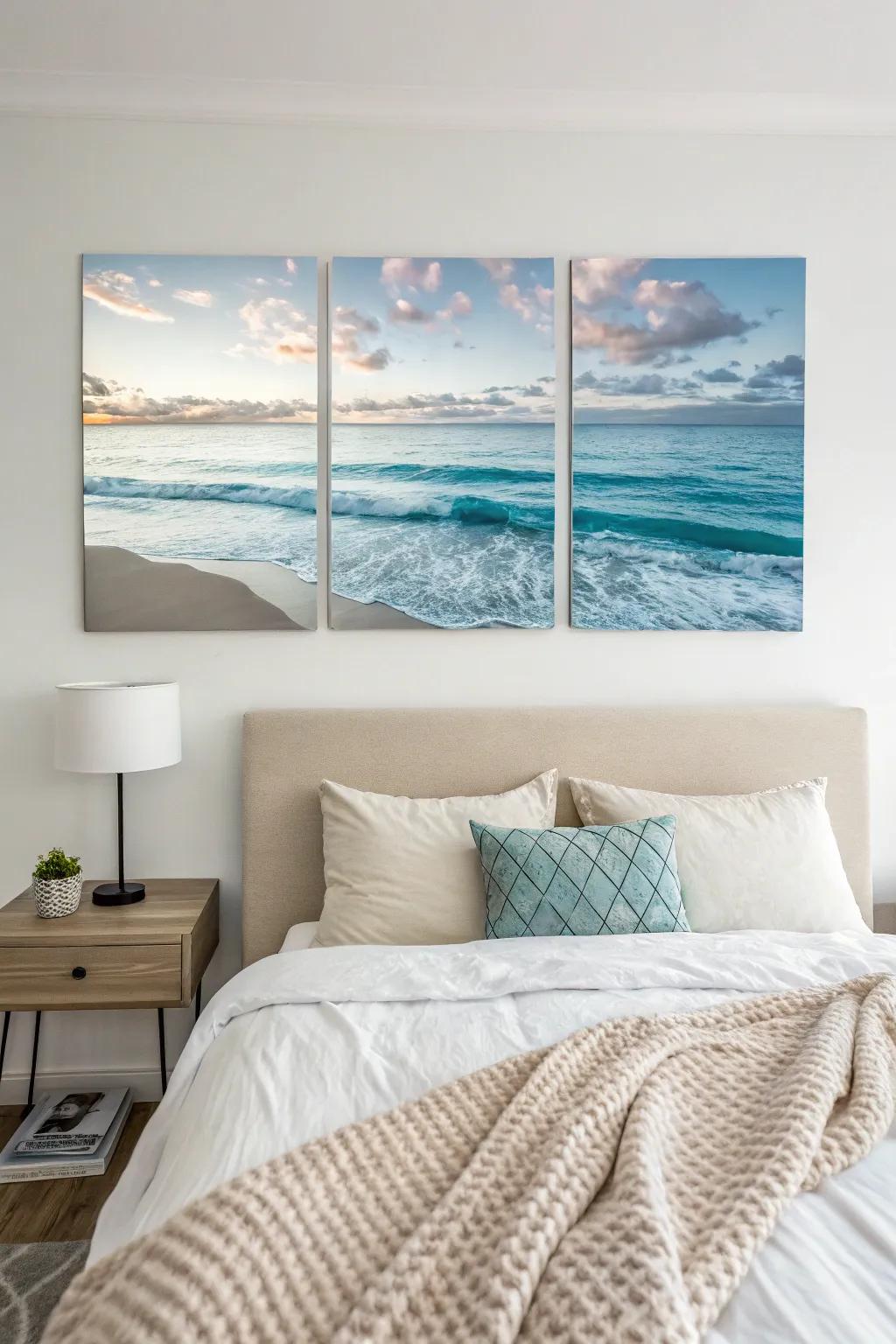 Beach-themed triptych art for a tranquil bedroom retreat.