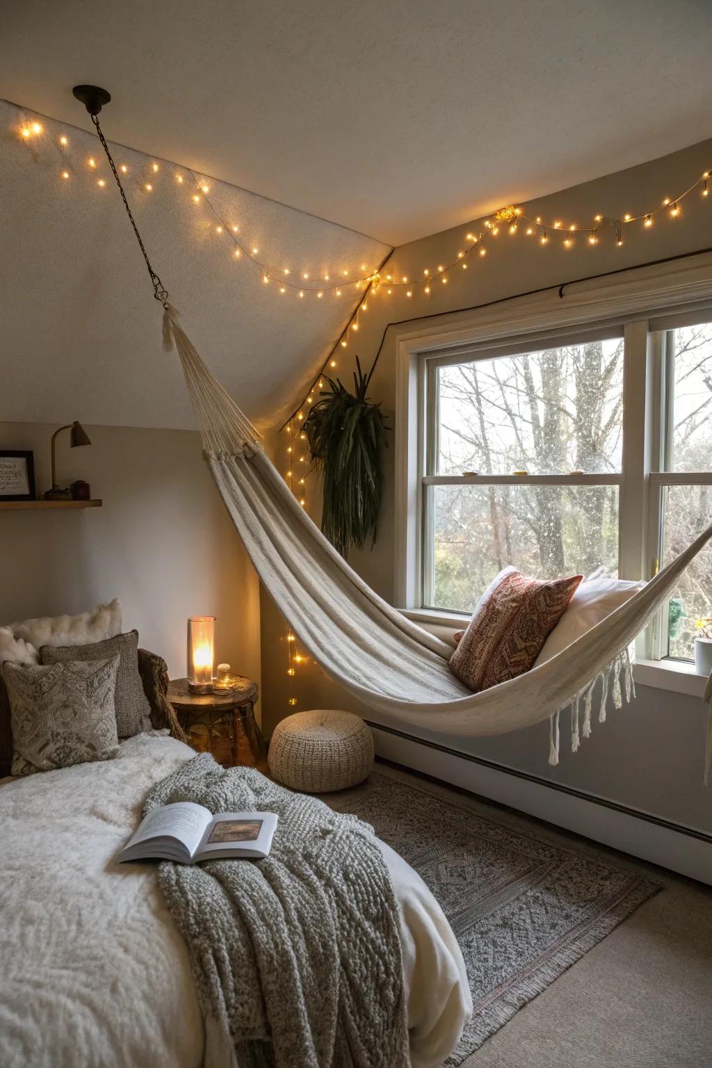 A hammock brings a laid-back and relaxing vibe to your bedroom.