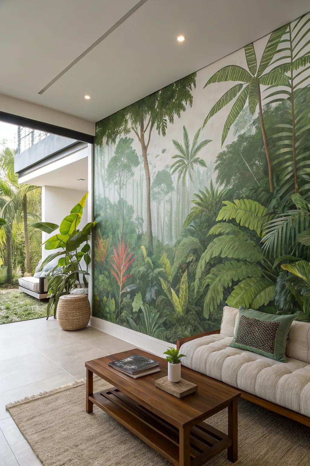 A tropical mural transforms the space into a lush jungle.