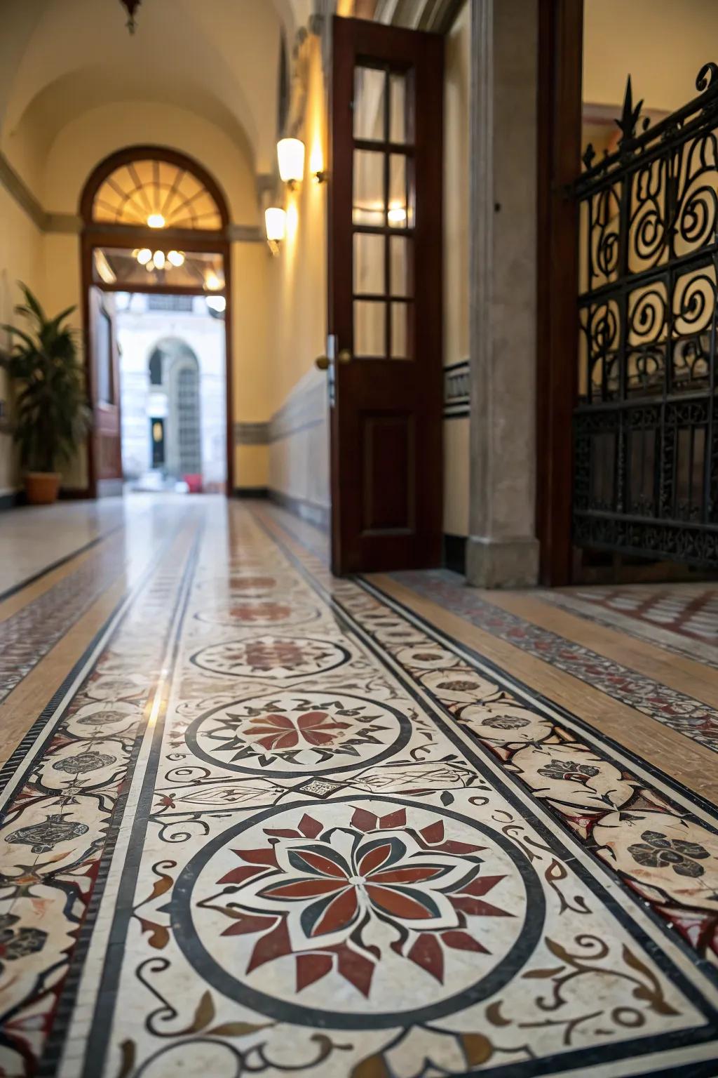 Bold flooring with complex motifs anchors the entryway area.