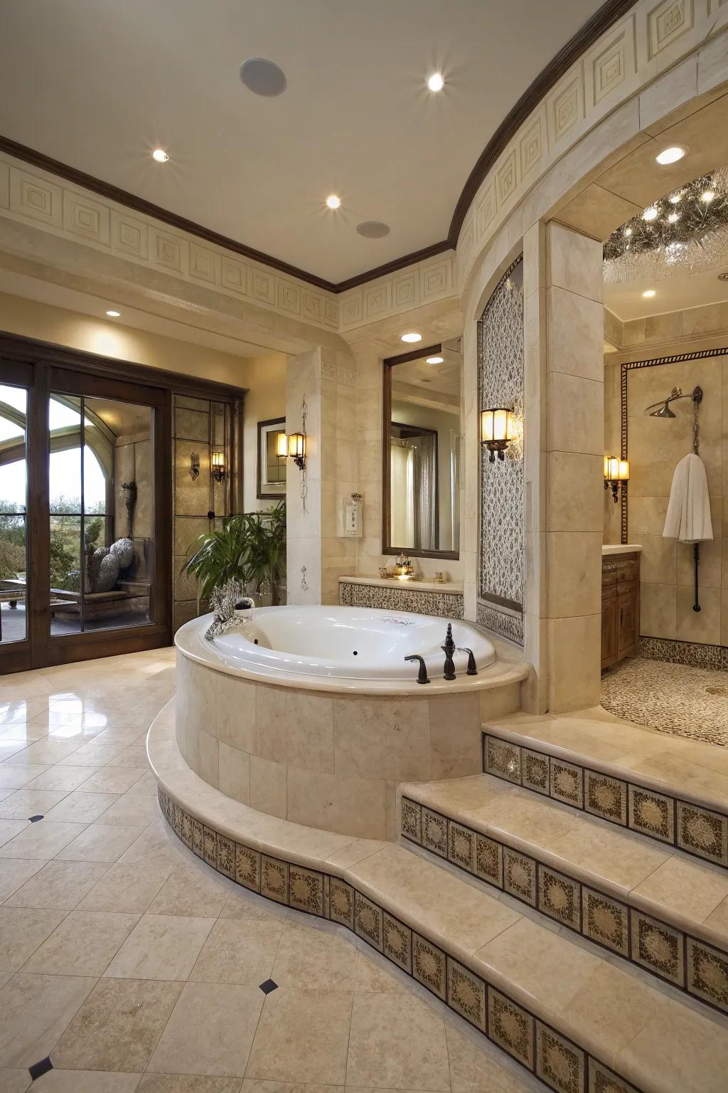An elevated platformed tub crafts a lavish centerpiece inside the bathroom.