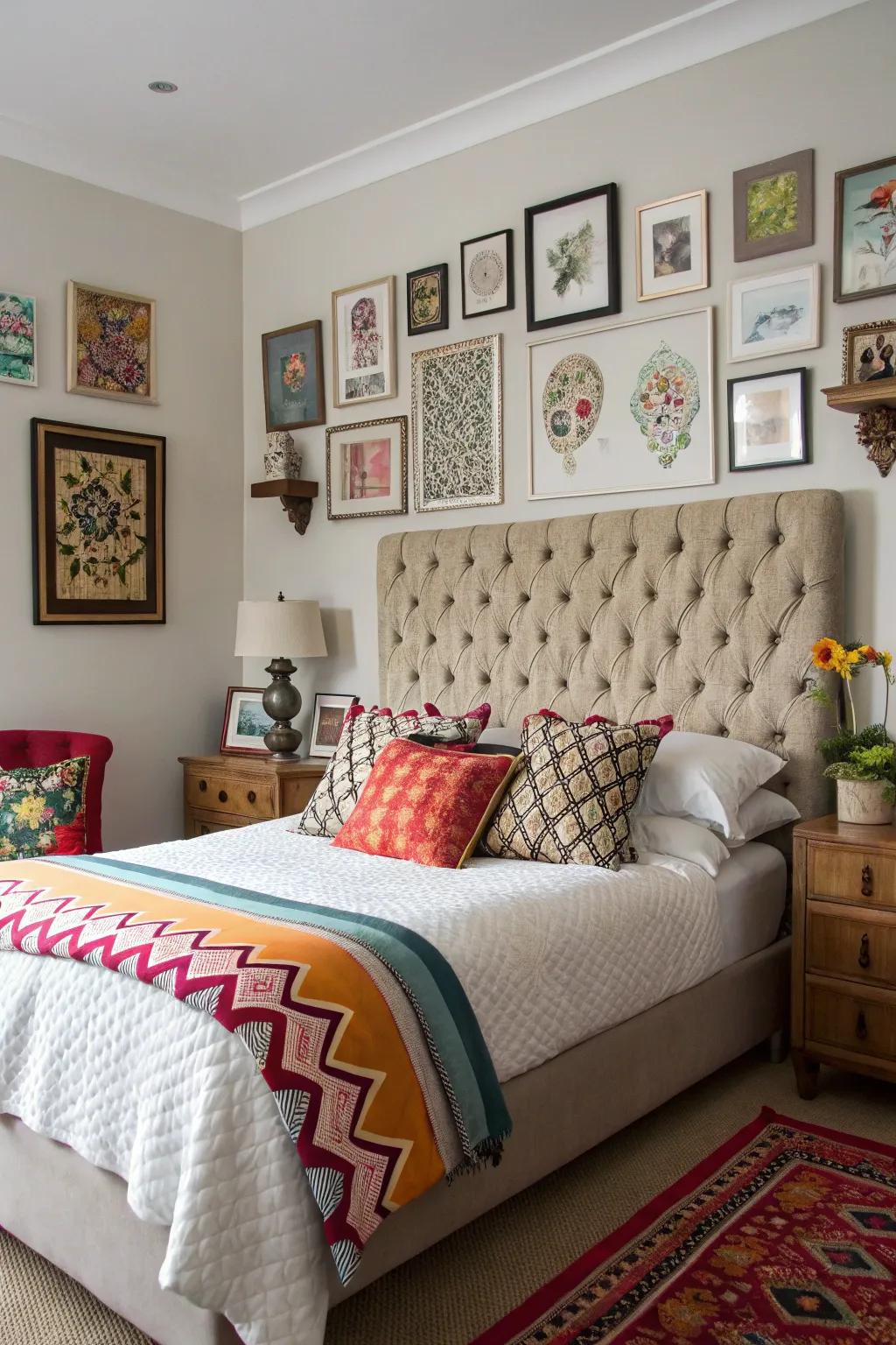 An eclectic bedroom showcasing a tufted headboard with a patterned surface.