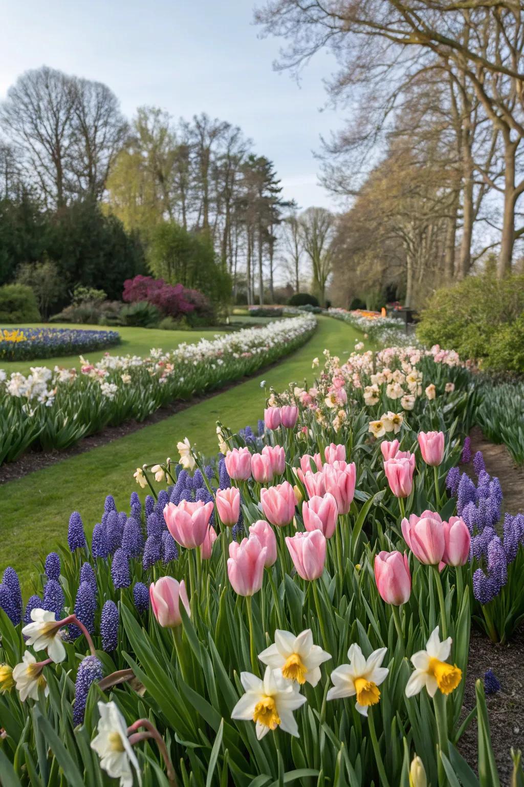 Tulips complemented by partner plants, enhancing both beauty and health in the garden.