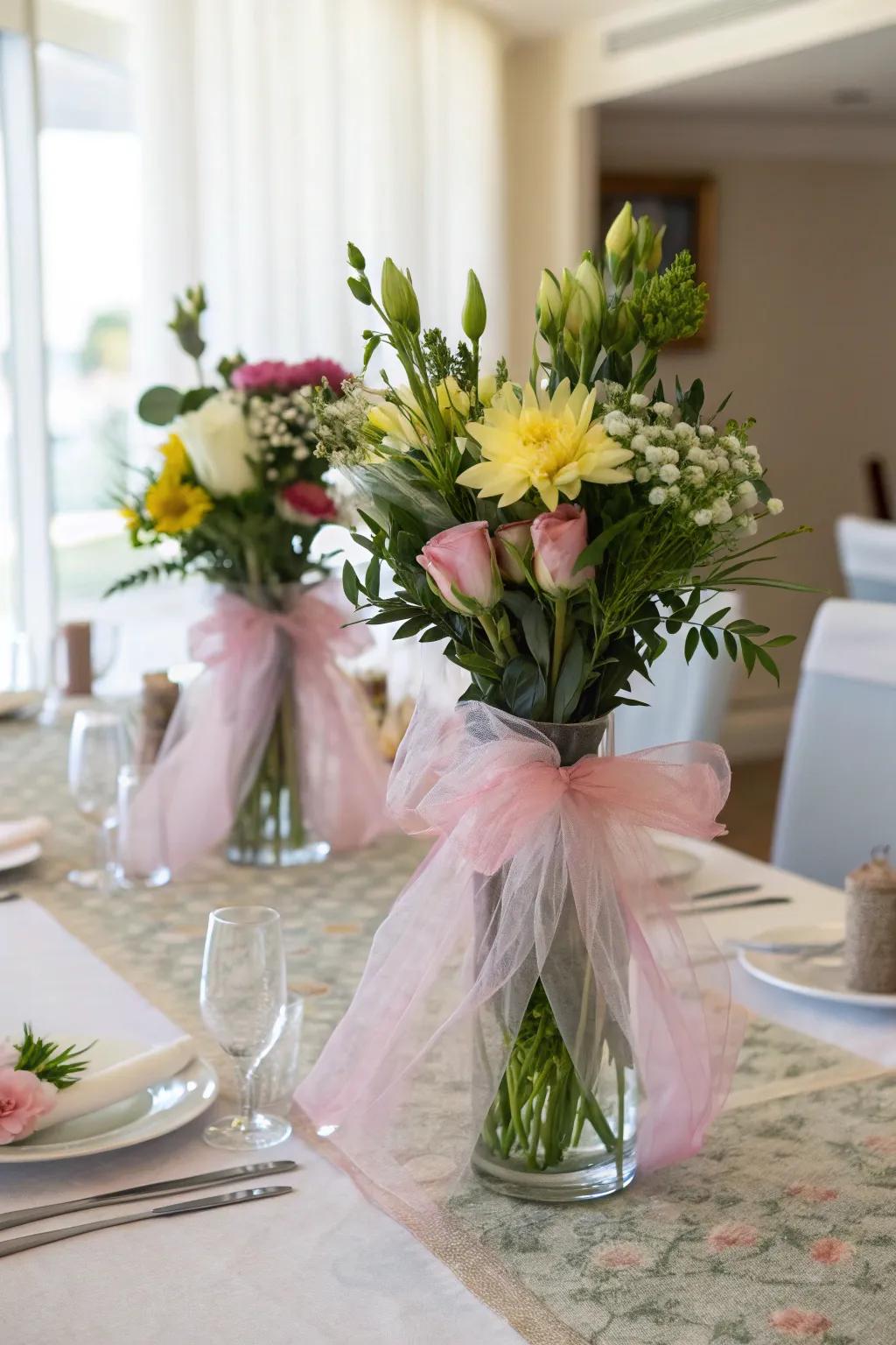 Elevate your floral arrangements with fabric-wrapped vases.